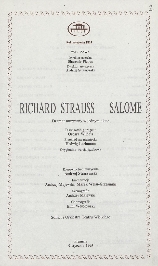 Wkładka premierowa B „Salome” Richard Strauss 10-01-1993