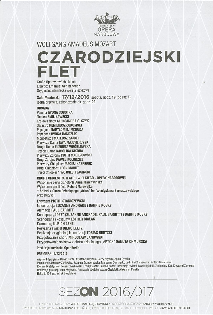 Wkładka obsadowa „Carodziejski flet” Wolfgang Amadeus Mozart premiera 2016-12-17