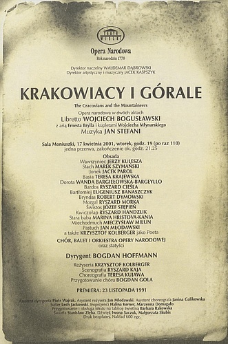 Wkładka Obsadowa.„Krakowiacy i Górale czyli Cud mniemany” Wojciech Bogusławski 17-04-2001