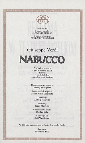 Wkładka obsadowa „Nabucco” Giuseppe Verdi 16-09-1993