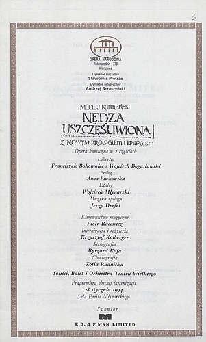Wkładka obsadowa „Nędza uszczęśliwiona” Maciej Kamieński 03-03-1994