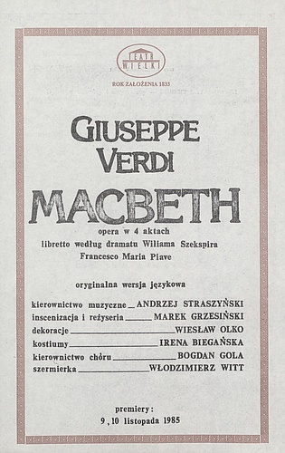 Wkładka obsadowa. „Macbeth” Giuseppe Verdi 04-06-1991