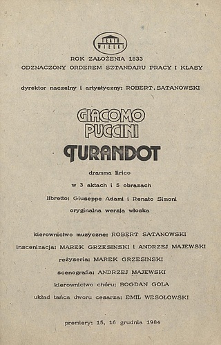 Wkładka obsadowa „Turandot” Giacomo Puccini 29-01-1985
