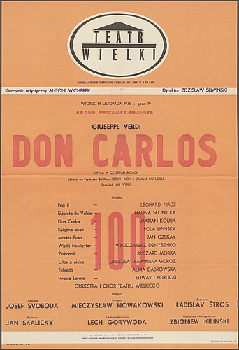 Afisz. „Don Carlos” Giuseppe Verdi 14-11-1978. Setne Przedstawienie