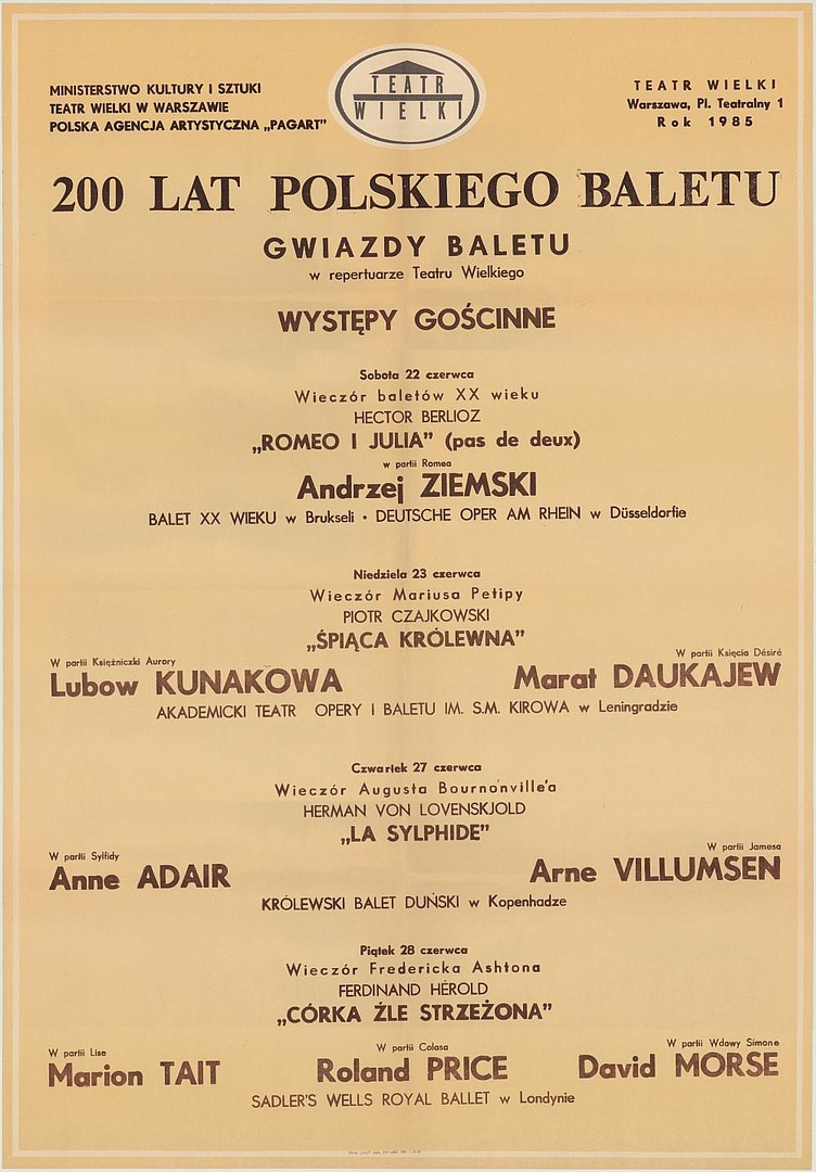 Afisz okolicznościowy. „Śpiąca królewna” Piotr Czajkowski 1985-06-23