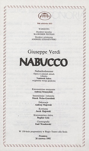 Wkładka obsadowa „Nabucco” Giuseppe Verdi 28-06-1992