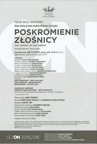 Wkładka obsadowa "Poskromienie złośnicy" John Cranko według Williama Szekspira 2015-11-28