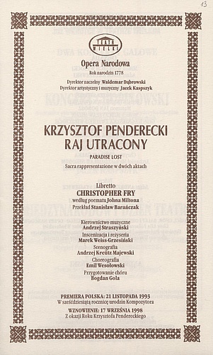Wkładka obsadowa „Raj Utracony” Krzysztof Penderecki 11-03-1999