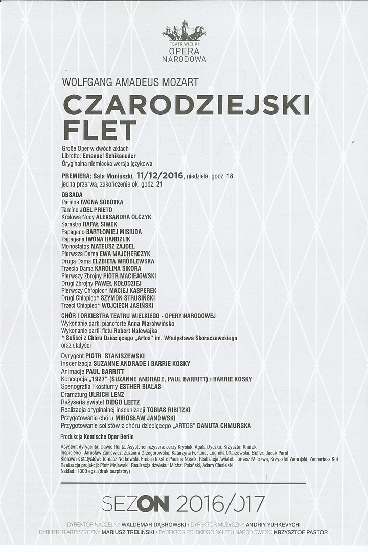 Wkładka obsadowa „Carodziejski flet” Wolfgang Amadeus Mozart premiera 2016-12-11
