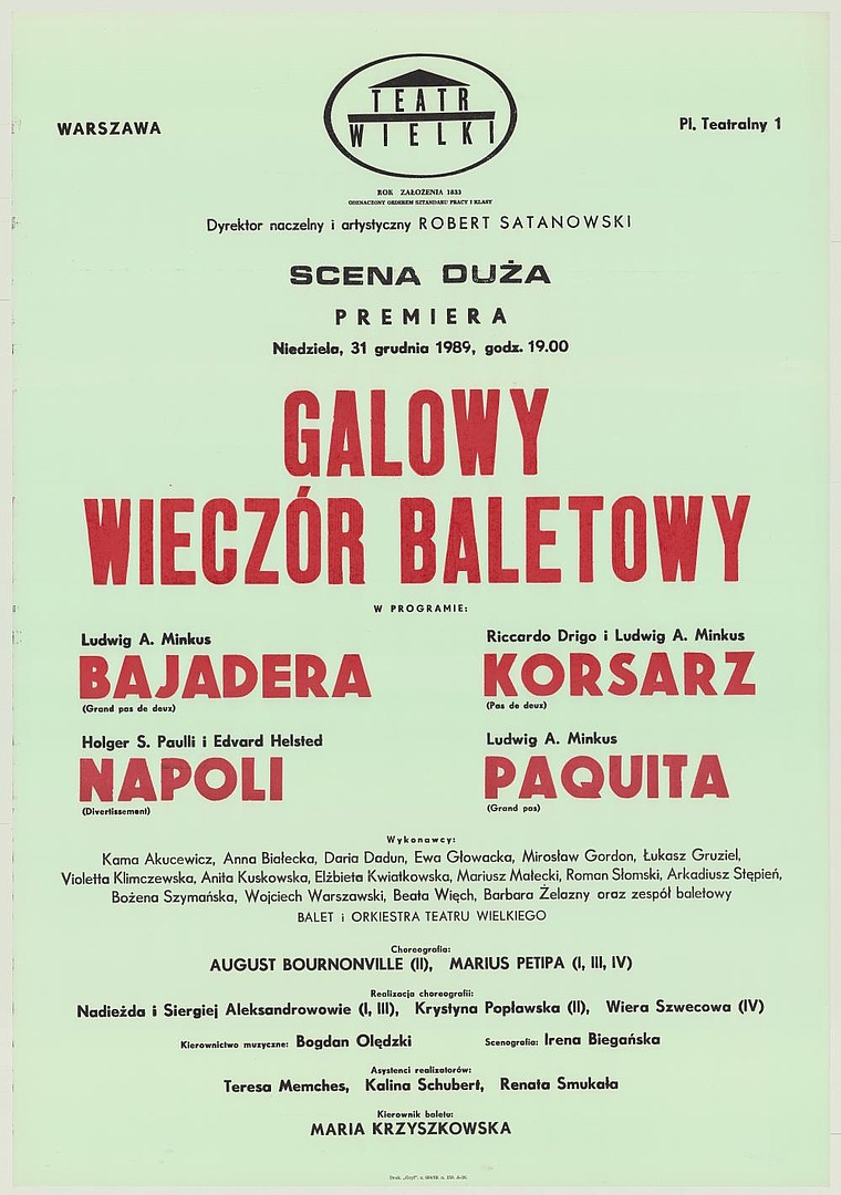 Afisz premierowy. „Bajadera” Ludwig A. Minkus 1989-12-31