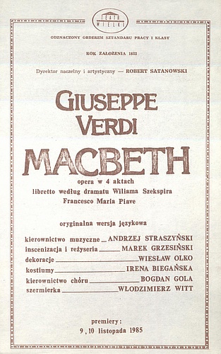 Wkładka obsadowa. „Macbeth” Giuseppe Verdi 10-11-1985