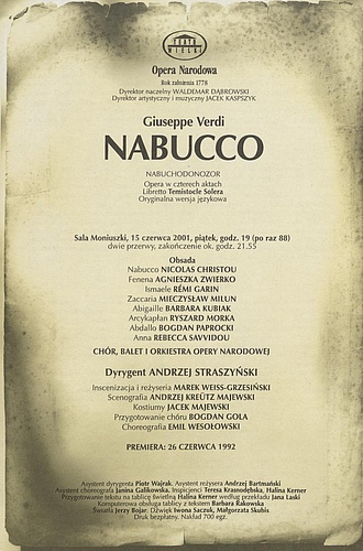 Wkładka obsadowa „Nabucco” Giuseppe Verdi 15-06-2001