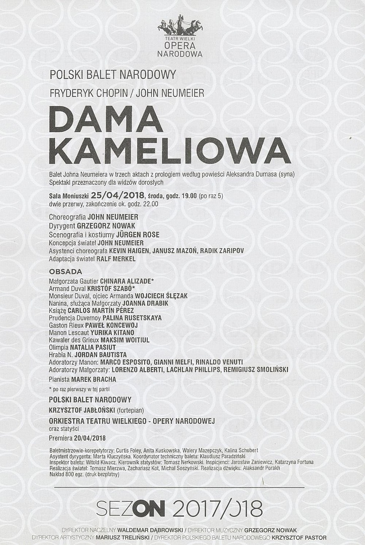 Wkładka obsadowa "Dama kameliowa" Fryderyk Chopin / John Neumeier, 2018-04-25