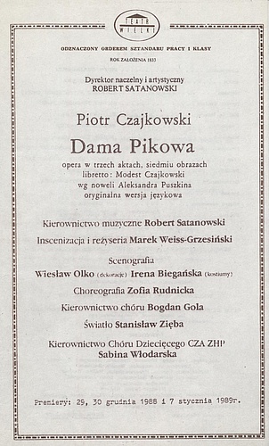 Wkładka obsadowa „Dama pikowa” Piotr Czajkowski 11-04-1989