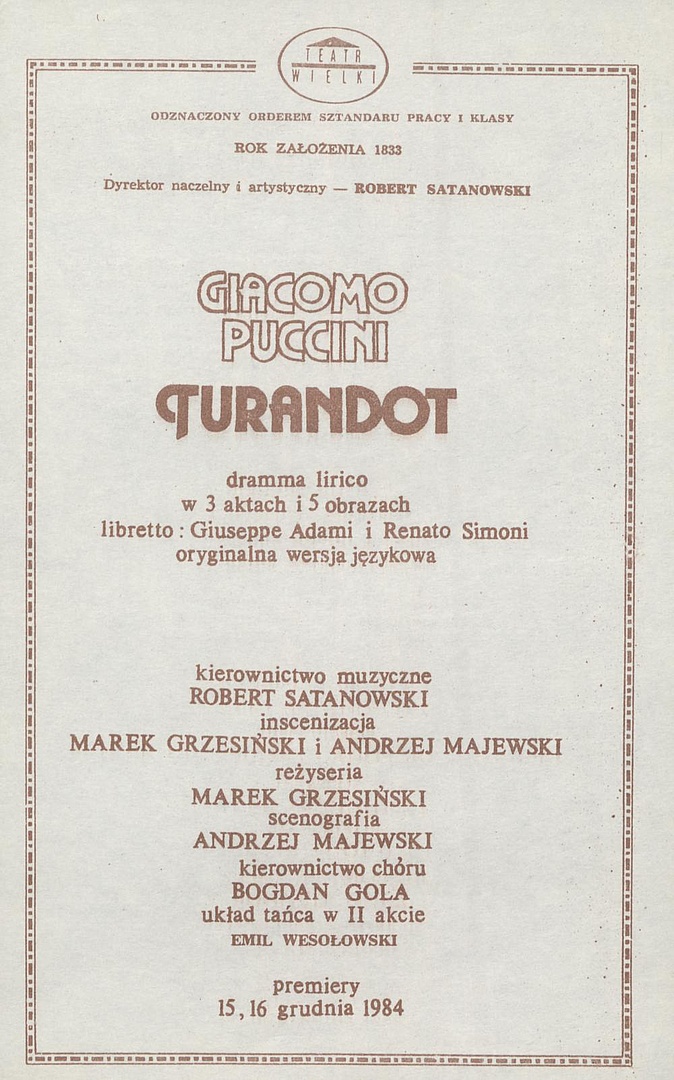 Wkładka obsadowa „Turandot” Giacomo Puccini 26-01-1986