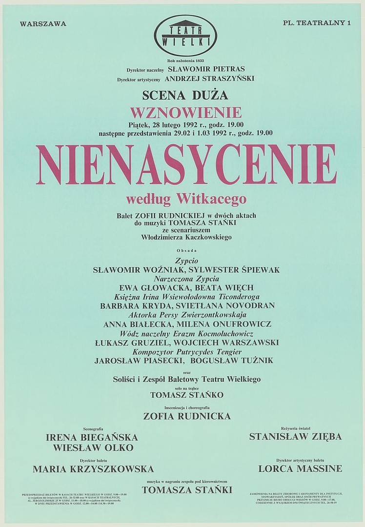 Afisz obsadowy. „Nienasycenie” Tomasz Stańko 1992-02-28