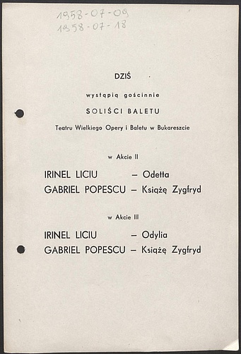 Wkładka obsadowa. „Jezioro łabędzie” Piotr Czajkowski 1958-07-09, 1958-07-18