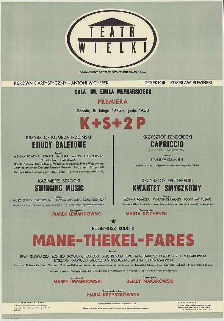 Afisz premierowy. „Etiudy baletowe” Krzysztof Komeda-Trzciński 1975-02-15