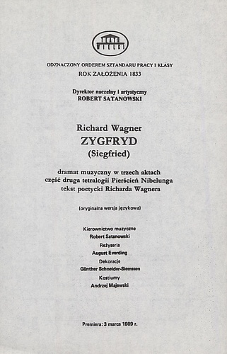 Wkładka obsadowa „Zygfryd” Richard Wagner 21-01-1990