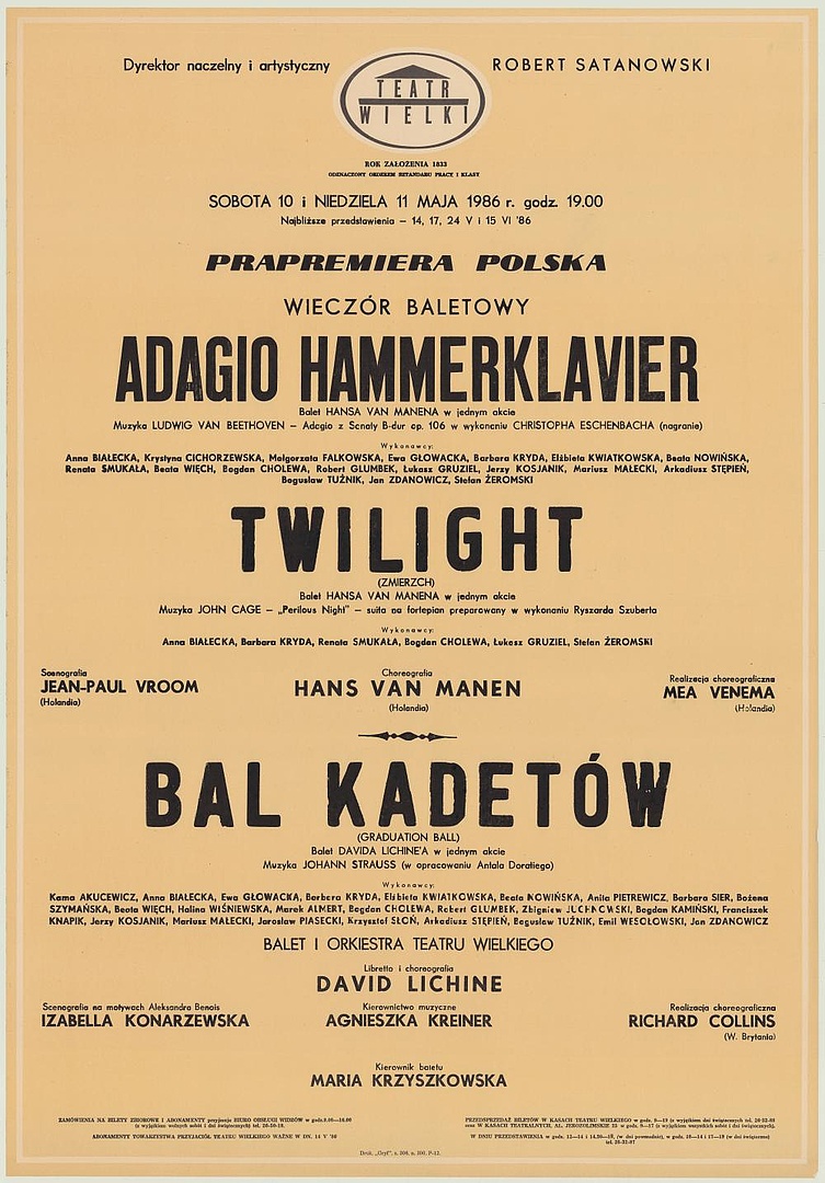 Afisz premierowy. „Adagio Hammerklavier” Ludwig van Beethoven 1986-05-10
