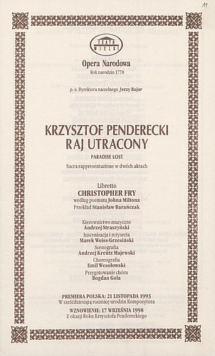 Wkładka obsadowa „Raj Utracony” Krzysztof Penderecki 07-10-1998