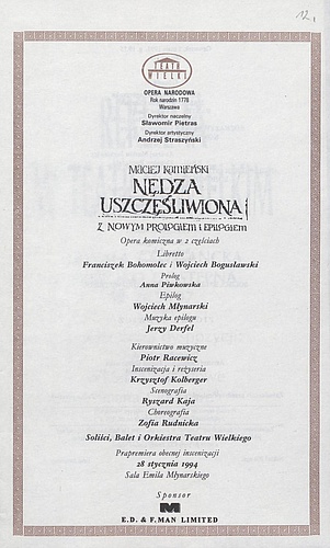 Wkładka obsadowa „Nędza uszczęśliwiona” Maciej Kamieński 05-05-1994