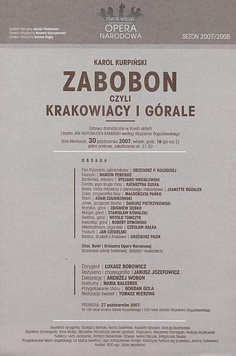 Wkładka obsadowa „Zabobon czyli Krakowiacy i Górale” Karol Kurpiński 30-10-2007