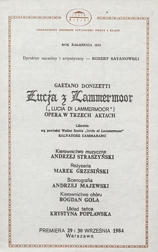 Wkładka Obsadowa "Łucja z Lammermoor" Gaetano Donizetti 07-02-1987
