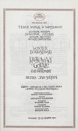 Wkładka Obsadowa.„Krakowiacy i Górale czyli Cud mniemany” Wojciech Bogusławski 01-06-1993
