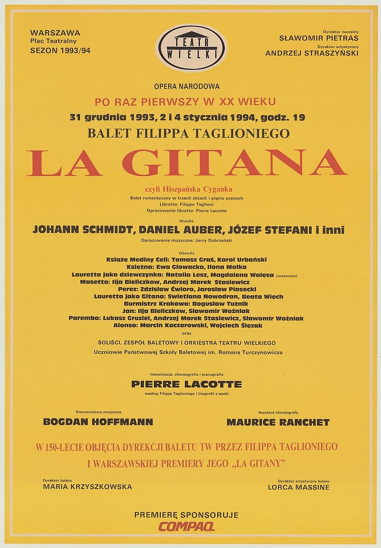 Afisz premierowy. „La Gitana” Johann Schmidt, Daniel Auber, Józef Stefani 1993-12-31