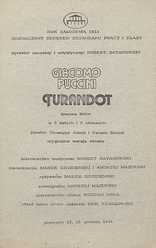 Wkładka obsadowa „Turandot” Giacomo Puccini 28-03-1985
