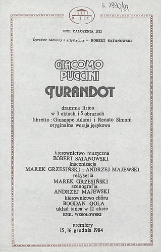 Wkładka obsadowa „Turandot” Giacomo Puccini 05-12-1990
