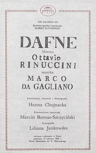 Wkładka Obsadowa „Dafne” Marco da Gagliano 02-12-1990, 03-12-1990, 04-12-1990
