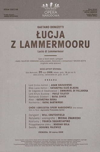 Wkładka obsadowa - „Łucja z Lammermooru” Gaetano Donizetti 20-05-2008