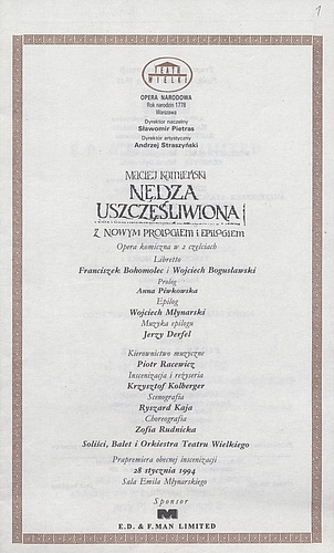 Wkładka obsadowa „Nędza uszczęśliwiona” Maciej Kamieński 28-01-1994