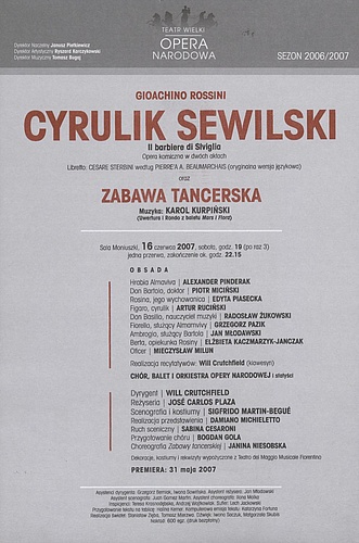 Wkładka obsadowa „Cyrulik Sewilski” Gioachino Rossini i „Zabawa Tancerska” z muzyką Karola Kurpińskiego 16-06-2007