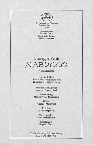 Wkładka obsadowa „Nabucco” Giuseppe Verdi 6-10-1993, 7-10-1993, 8-10-1993
