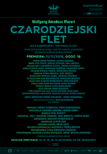 Afisz „Carodziejski flet” Wolfgang Amadeus Mozart premiera 2016-12-11