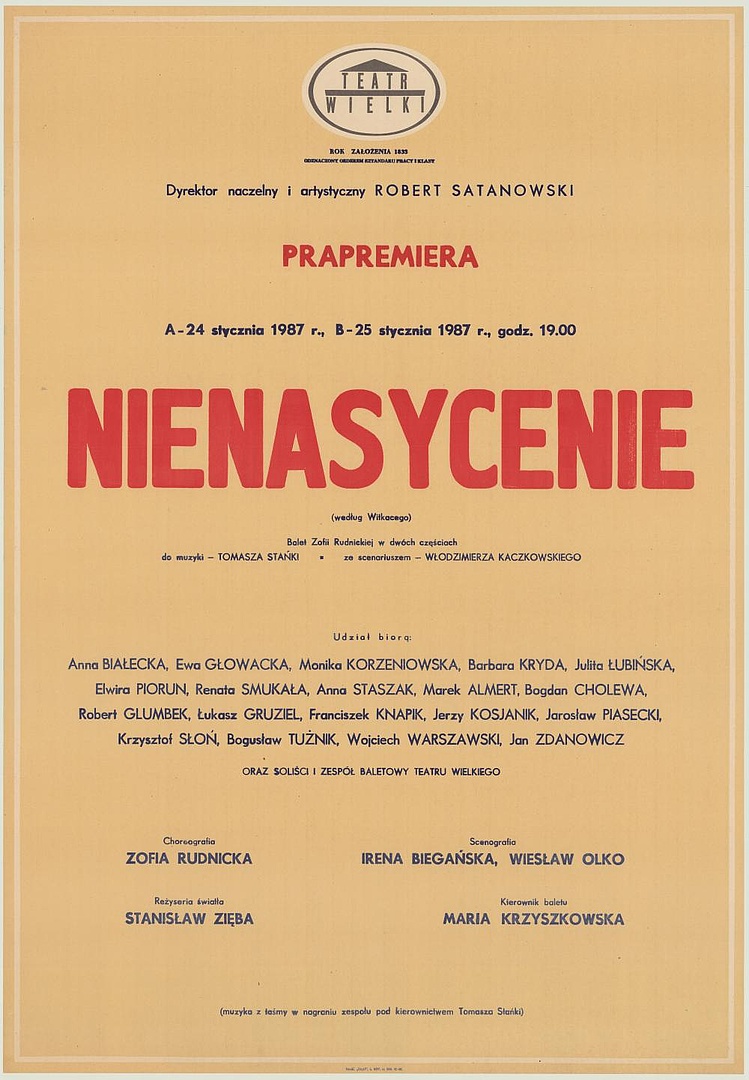 Afisz premierowy. „Nienasycenie” Tomasz Stańko 1987-01-24