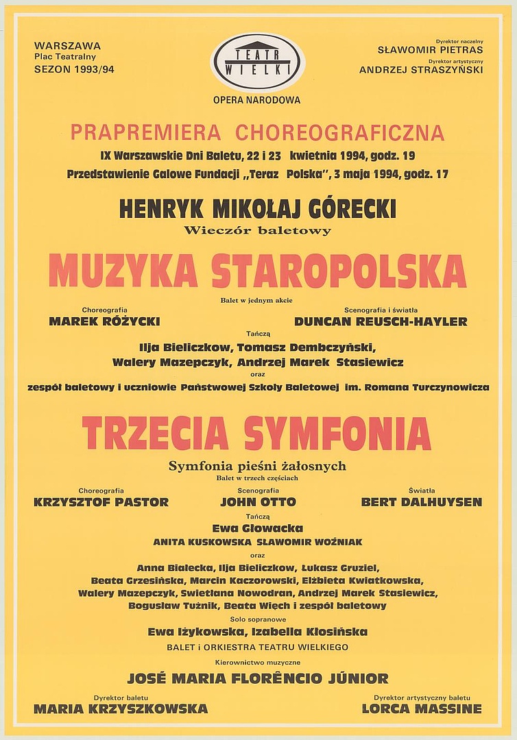 Afisz premierowy. „Muzyka staropolska” Henryk Mikołaj Górecki 1994-04-22