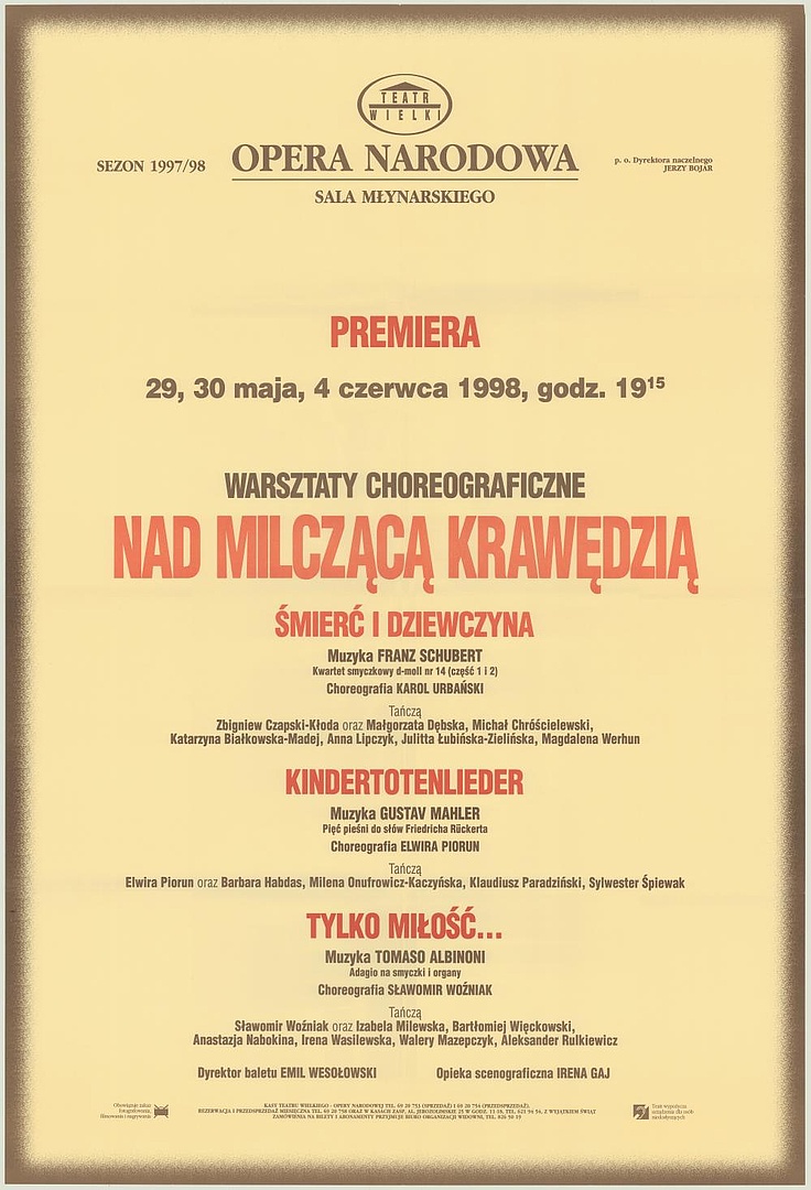 Afisz premierowy „Nad milczącą krawędzią” – warsztaty choreograficzne 1998-05-29
