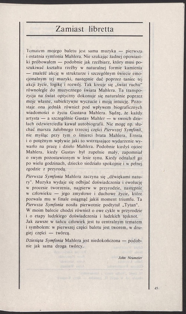 Program „Miłość i ból i świat i marzenie” John Neumeier 1984-10-27