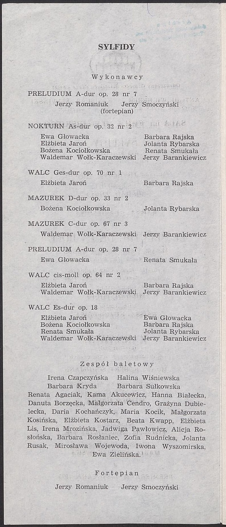 Wkładka obsadowa. „Sylfidy” Fryderyk Chopin 1975-11-23