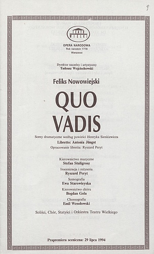 Wkładka obsadowa „Quo Vadis” - Feliks Nowowiejski 21-04-1995 - uroczyste Otwarcie II Międzynarodowego konkursu Wokalnego Imienia Stanisława Moniuszki