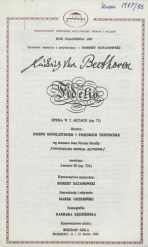 Wkładka obsadowa „Fidelio” Ludwig van Beethoven 04-11-1987