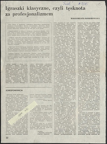 Artykuł Małgorzaty Komorowskiej „Igraszki klasyczne, czyli tęsknota za profesjonalizmem” , – Teatr nr 8/ 1-08-1985