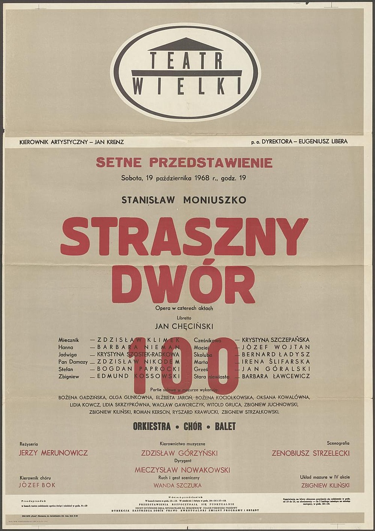 Afisz. Setne przedstawienie „Straszny dwór” Stanisław Moniuszko 19-10-1968