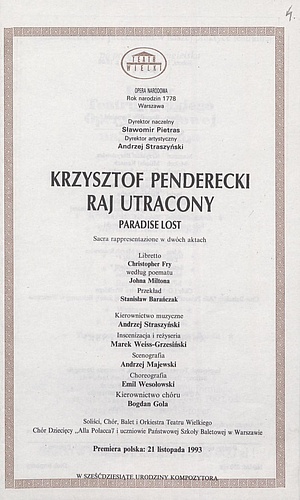 Wkładka obsadowa „Raj Utracony” Krzysztof Penderecki 11-12-1993