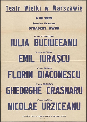 Afisz. „Straszny dwór” Stanisław Moniuszko 6-07-1979 Występ gościnny solistów opery Rumuńskiej w Bukareszcie