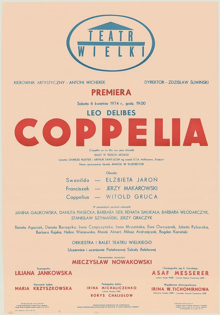 Afisz premierowy „Coppelia" Leo Delibes 1974-04-06